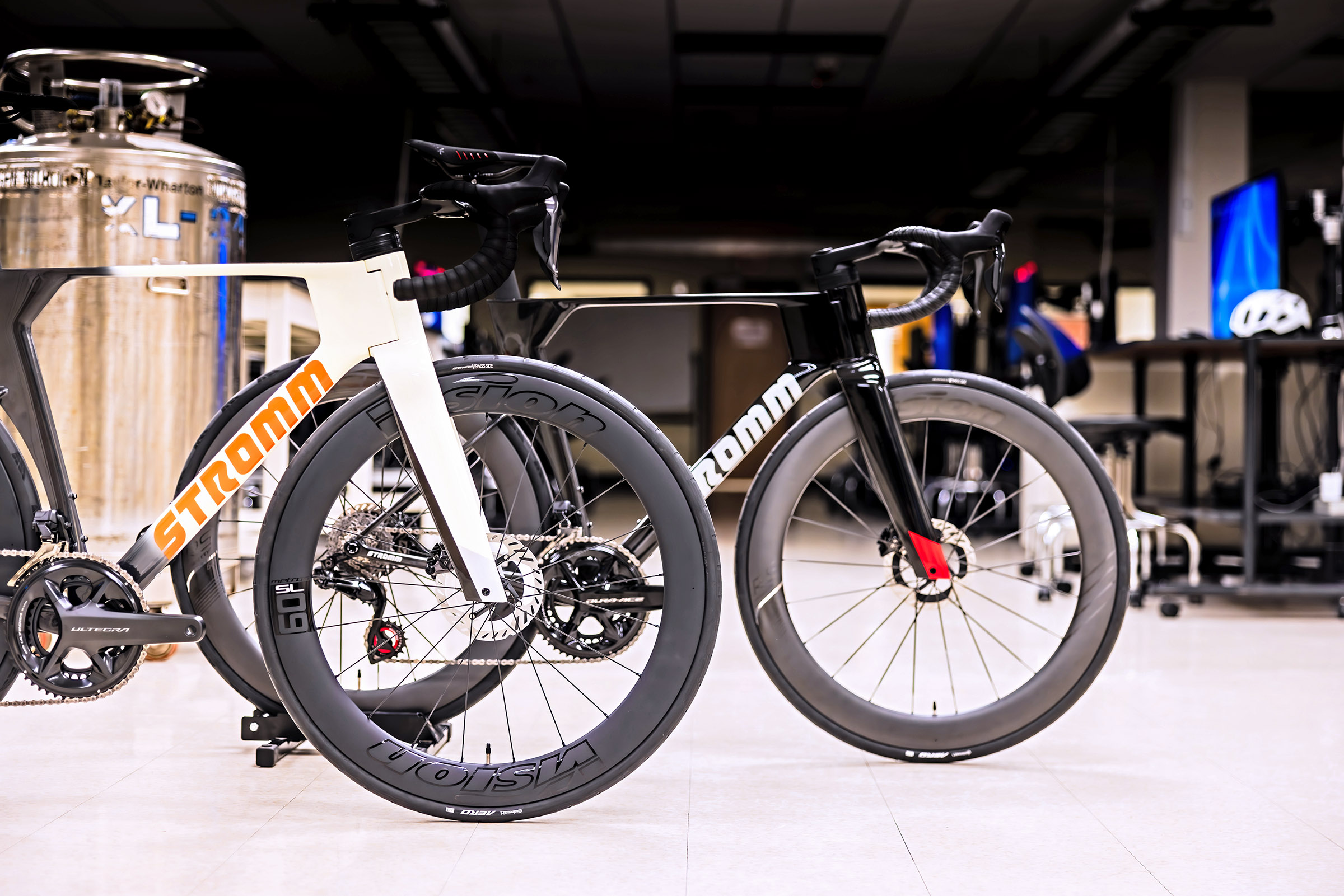 Two Stromm road bikes in a laboratory.