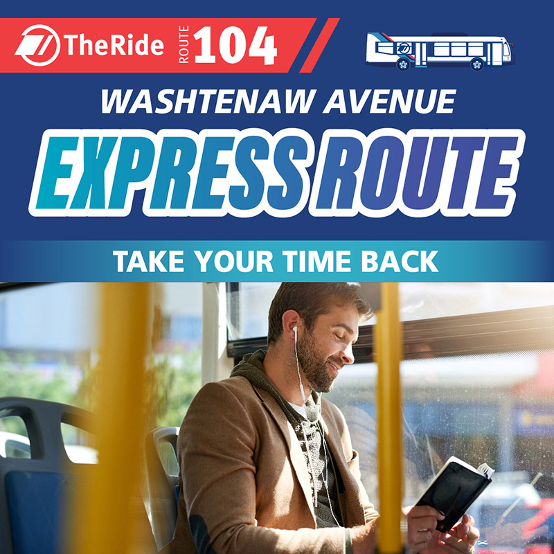 Washtenaw Avenue Express Route ad featuring a man reading a book on the bus.
