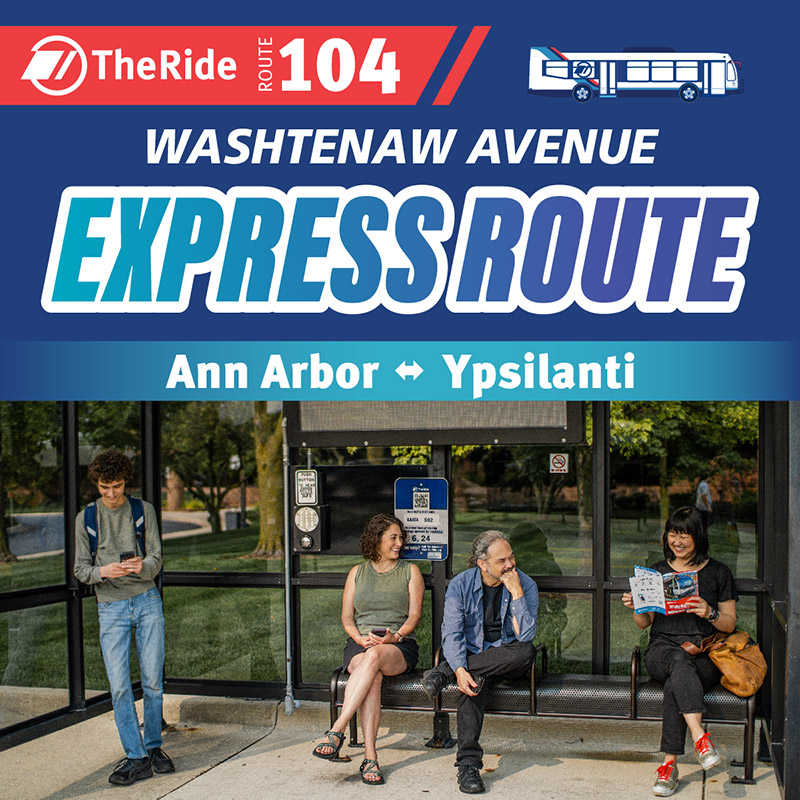 Washtenaw Avenue Express Route ad featuring a sunny, comfortable bus shelter.